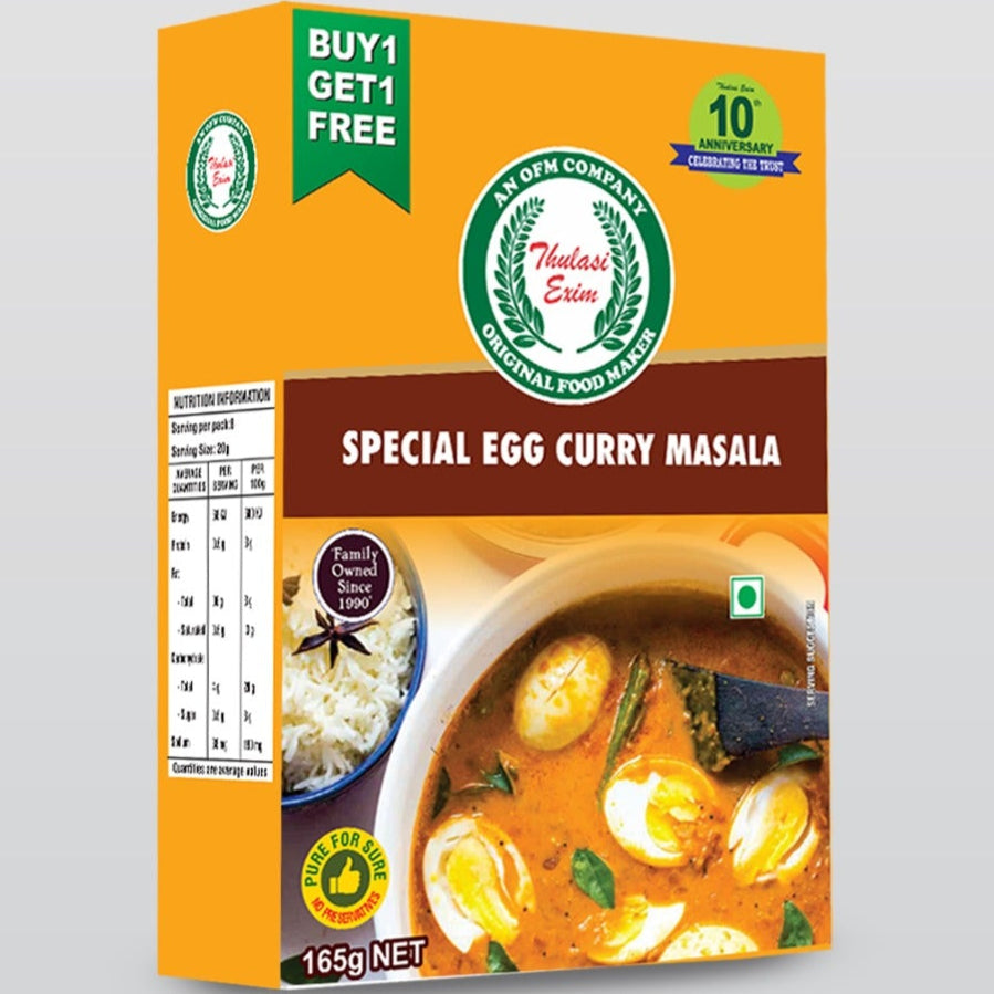 Egg Kuruma Masala pouch with creamy egg curry served in brass bowl, garnished with coriander and paired with parotta on banana leaf.