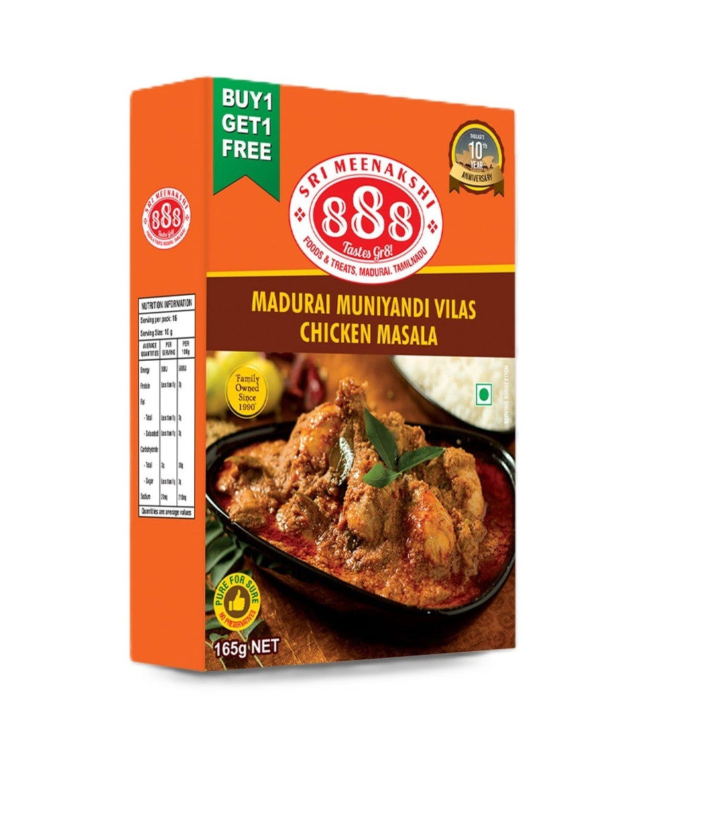 Madurai Muniyandi Vilas Chicken Masala pouch with spicy chicken curry served in clay pot, garnished with curry leaves and paired with parotta on banana leaf