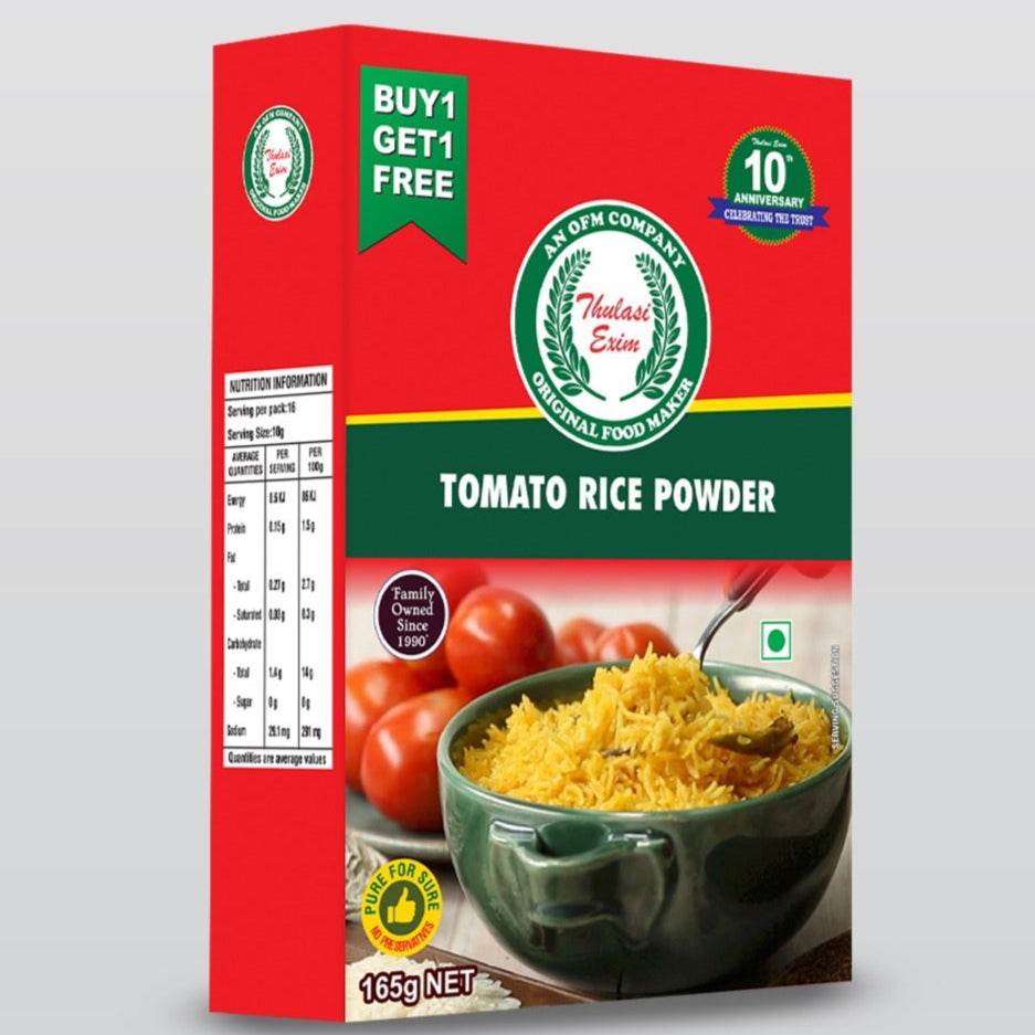 Thulasi_Tomato_Rice_Powder_in_kraft_pouch_with_dried_tomatoes_basil_leaves_and_cooked_tomato_rice_served_on_banana_leaf