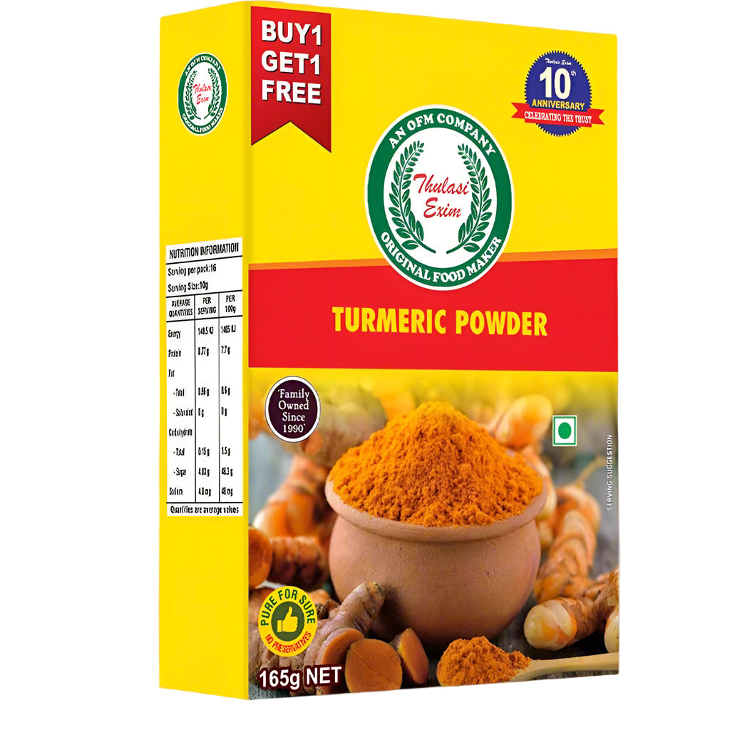 Thulasi_Turmeric_Powder_in_eco-friendly_pouch_with_fresh_turmeric_roots_basil_leaves_and_brass_bowl_on_traditional_kolam_cloth