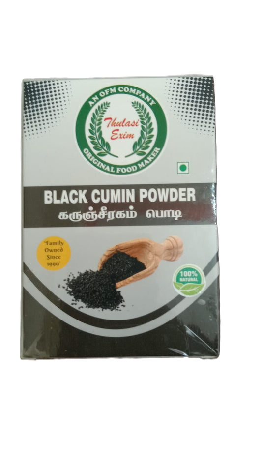 Box of black cumin powder with brand logo on a white background