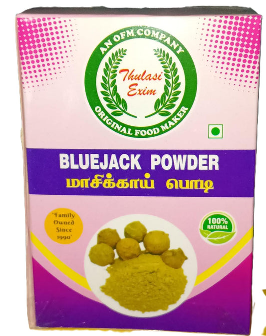 Box of Bluejack Powder with Thulasi Exim branding on a pink and purple background