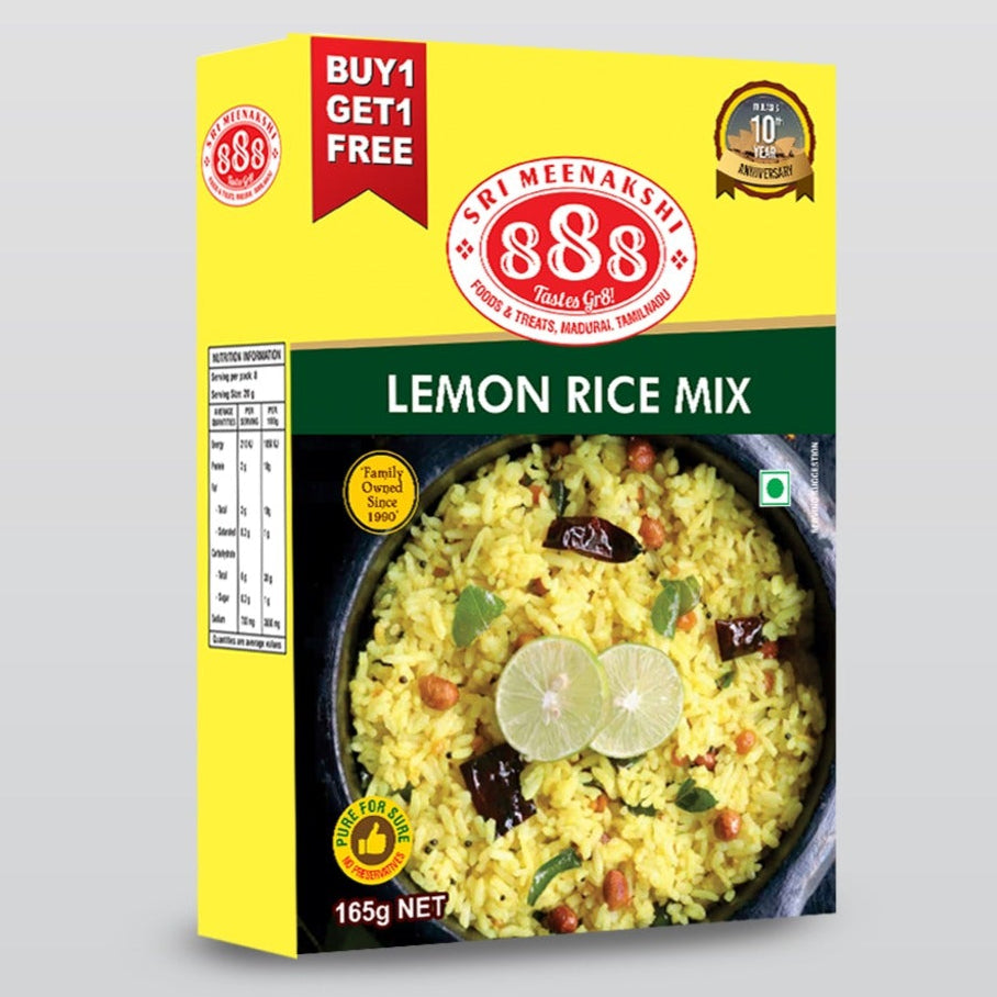 Instant_Lemon_Rice_Mix_in_pouch_with_cooked_lemon_rice_served_on_banana_leaf_garnished_with_curry_leaves_and_mustard_seeds