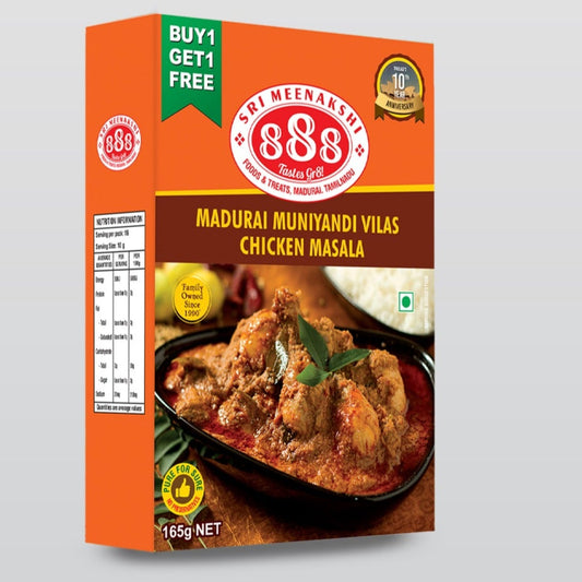 Madurai Muniyandi Vilas Chicken Masala pouch with spicy chicken curry served in clay pot, garnished with curry leaves and paired with parotta on banana leaf