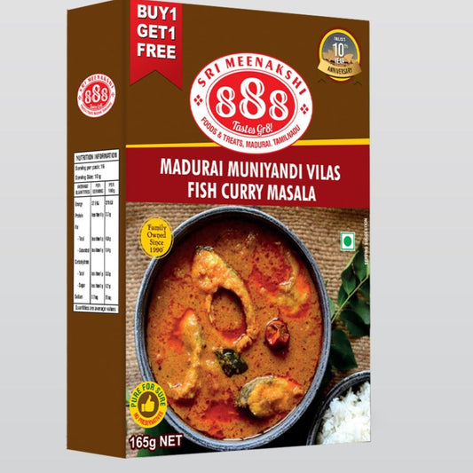 Madurai Muniyandi Vilas Fish Curry Masala pouch with spicy fish curry served in clay pot, garnished with curry leaves and paired with rice on banana leaf