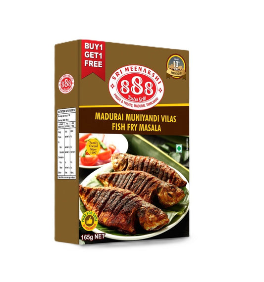 Madurai Muniyandi Vilas Fish Fry Masala pouch with crispy fried fish served on banana leaf, garnished with curry leaves and lemon wedges