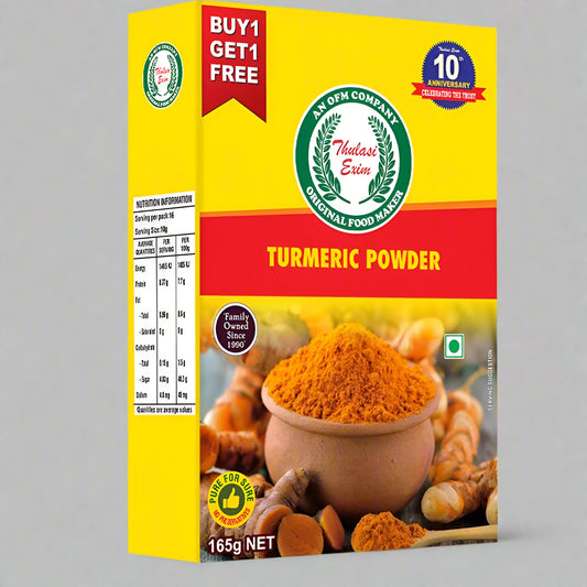Thulasi_Turmeric_Powder_in_eco-friendly_pouch_with_fresh_turmeric_roots_basil_leaves_and_brass_bowl_on_traditional_kolam_cloth