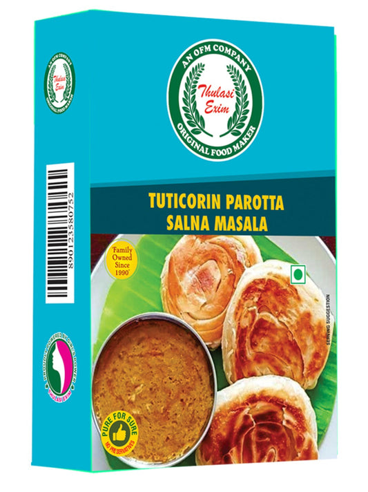 Thulasi Tuticorin Parotta Salna pouch with spicy, aromatic salna served in a brass bowl alongside layered parottas on a banana leaf, garnished with coriander leaves.