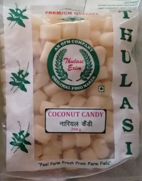 Packaged coconut candy with Thulasir brand logo on a white background