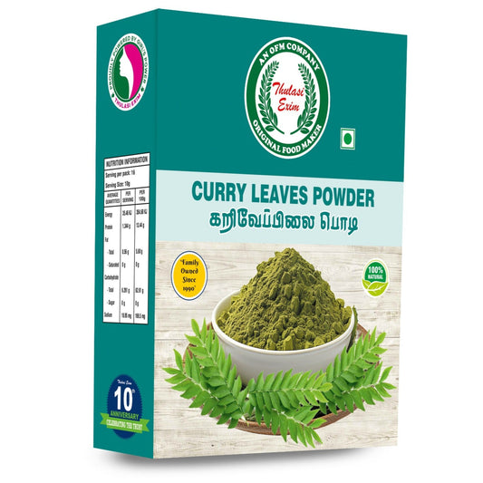 Curry Leaves Powder pouch with fresh curry leaves and a bowl of finely ground herbal powder placed on a banana leaf background”