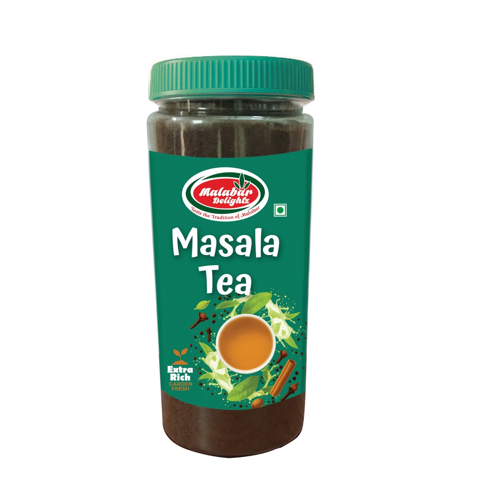 Jar of Masala Tea with a green lid and label on a white background