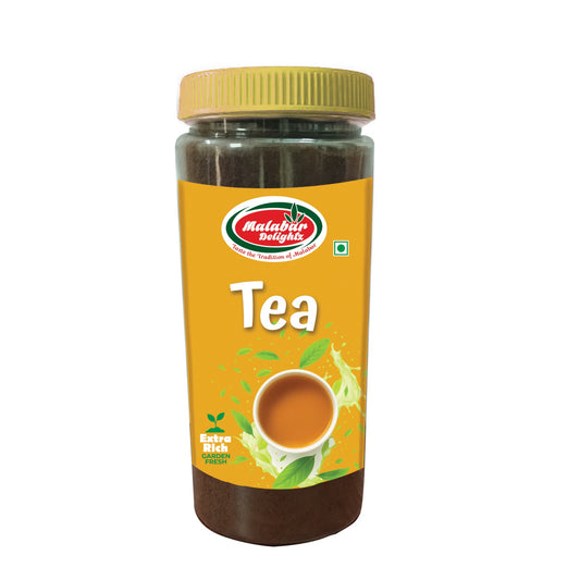 Jar of tea with a yellow label featuring Malabar Delights branding on a white background